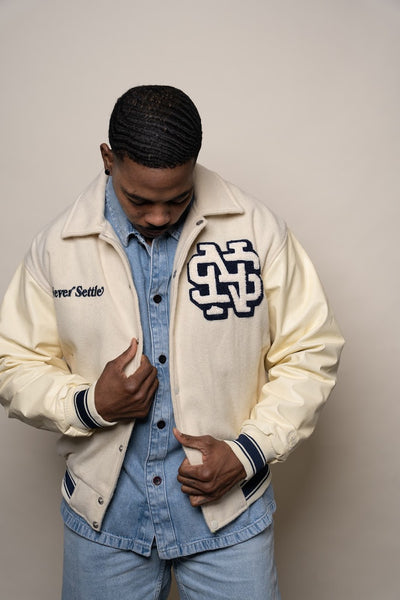 Varsity Jacket(Cream/Navy) – Never Settle